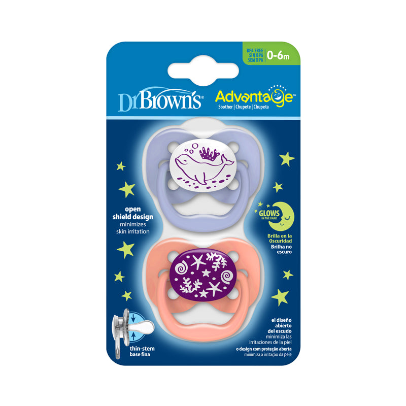 Dr Brown's Advantage Glow in the Dark Soother Pink 0-6m 2Pk l To Buy at Baby City