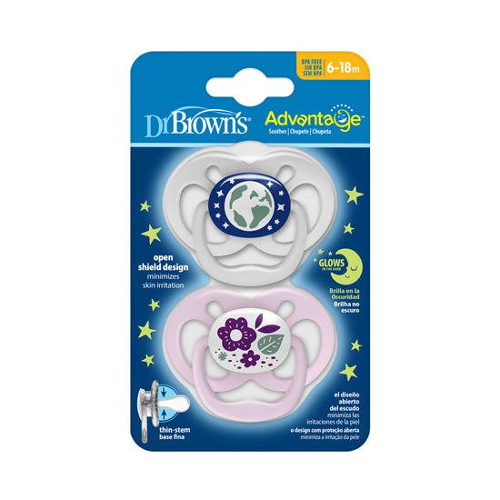 Dr Brown's Advantage Glow in the Dark Soother Pink 6-18m 2Pk l To Buy at Baby City