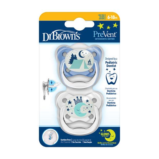 Dr Brown's PreVent Glow In The Dark Butterfly Soothers Blue 6-18m 2Pk l To Buy at Baby City