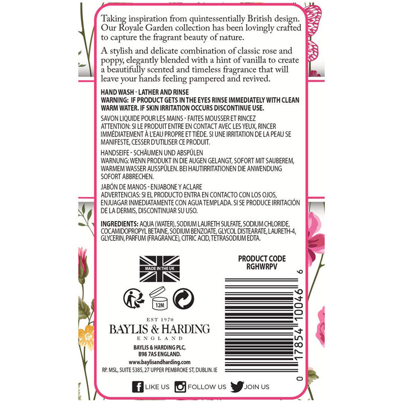 Baylis & Harding Royale Garden Rose Poppy & Vanilla Hand Wash 500ml l Baby City UK Stockist